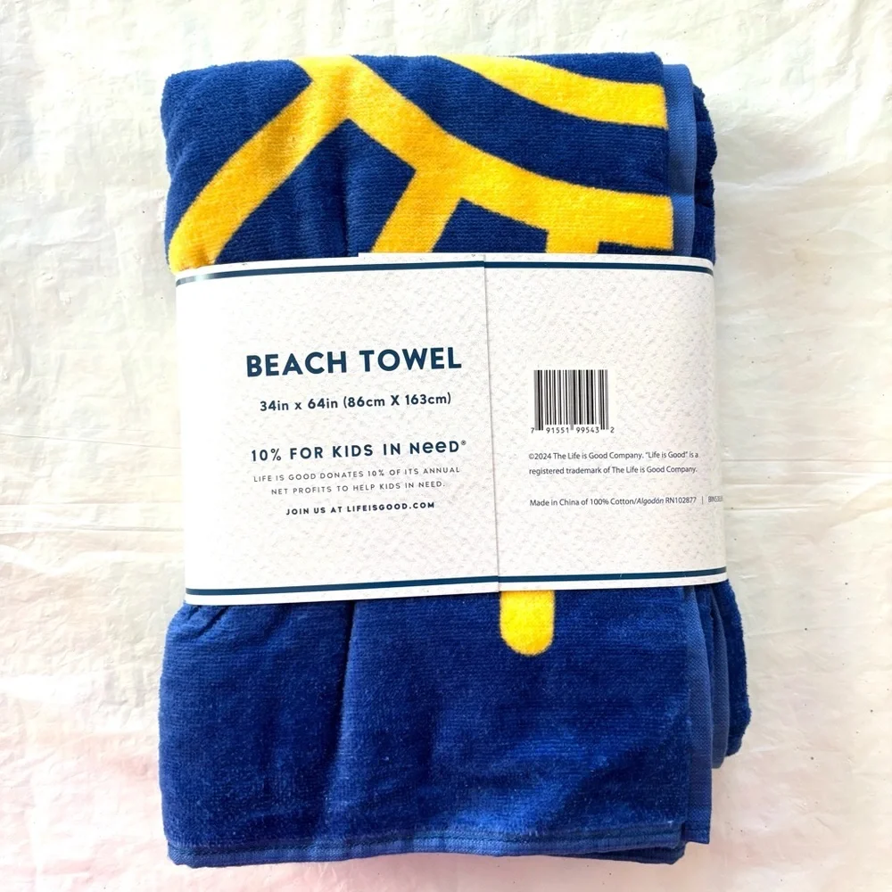 NWT Life is Good Sunshine Blue and Yellow Beach Towel 34 X 64